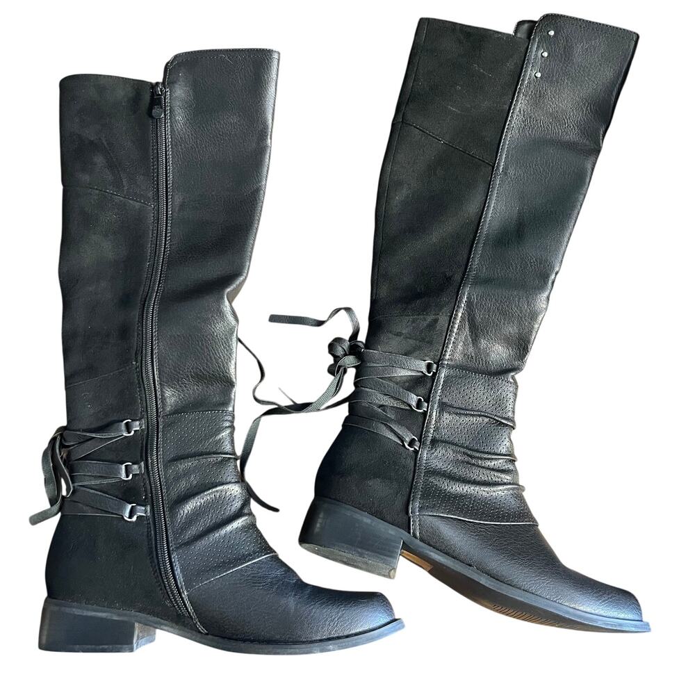French Blu Women's Knee High Faux Leather Black Boots Size 37 (6.5)